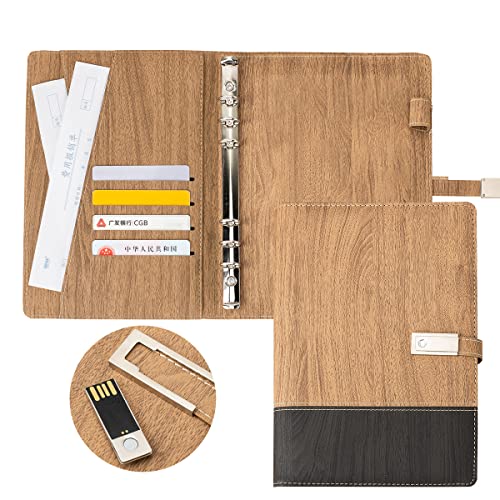 A5 Ordner, A5 6 Ringbuch-Planer, Notizbücher, Portfolio mit 16 G USB-Flash-Treiber/Dokumentenhülle/Kartenhalter/Stifthalter für A5-Füllpapier (kein Papier)(Holz) von ZMHQLPDZ