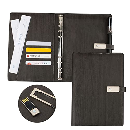 A5 Ordner, A5 6 Ringbuch-Planer, Notizbücher, Portfolio mit 16 G USB-Flash-Treiber/Dokumentenhülle/Kartenhalter/Stifthalter für A5-Füllpapier (kein Papier)(schwarz) von ZMHQLPDZ