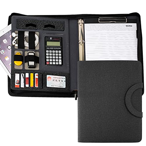 Padfolio-Ordner mit Reißverschluss, A4, multifunktional, Portfolio, Lederkombination, mit Notebook, Taschenrechner, Notizblock, Ordnertasche für Damen/Herren (dunkelgrau) von ZMHQLPDZ