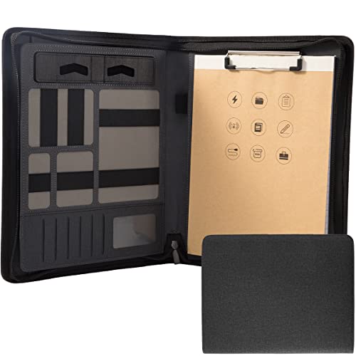 Padfolio Portfolio mit Reißverschluss und Klemmbrett – Leder Business Portfolio Organizer – Portfolio mit Reißverschluss für Damen und Herren (ohne Batterie, schwarz) von ZMHQLPDZ