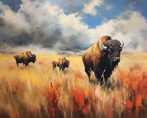 Bison in der Herbstprärie,Malen nach Zahlen auf Leinwand,Malsets inklusive Pinsel und Pigmente,40x50cm,ohne Rahmen von ZMHZMY