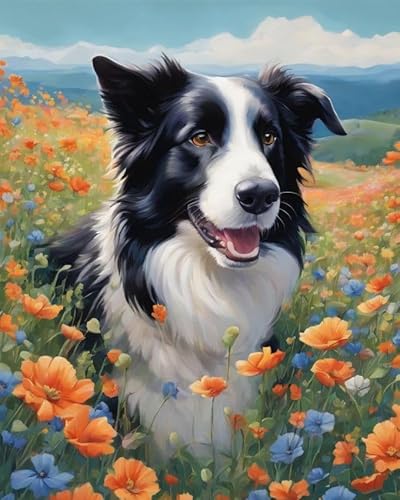 Malen nach Zahlen DIY Handgemalt Ölgemälde Kits für Erwachsene Anfänge Border Collie und Blumen Malen Nach Zahlen Kits für Geschenk Home Deko 40x50cm(Rahmenlos) von ZMHZMY