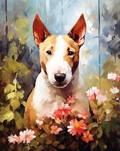 Malen nach Zahlen Erwachsene, Bullterrier-Hund im Garten 40 x 50cm DIY Handgemalt Ölgemälde Kits auf Leinwand Geschenk für Weihnachten Geburtstag, Home Haus Deko von ZMHZMY