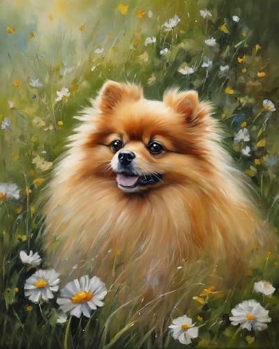 Malen nach Zahlen Erwachsene, Pomeranian und Blumen DIY Handgemalt Ölgemälde Kits auf Leinwand Geschenk für Weihnachten Geburtstag Home Haus Deko - Ohne Rahmen von ZMHZMY