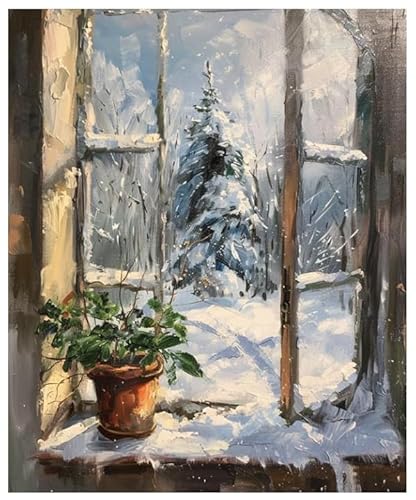 Malen nach Zahlen Erwachsene,Fensterbank-Winter-Schnee-Szene 40 x 50cm DIY Handgemalt Ölgemälde Kits auf Leinwand Geschenk für Weihnachten Geburtstag, Home Haus Deko von ZMHZMY