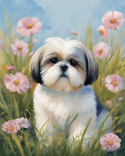 Malen nach Zahlen für Erwachsene,Anfänger-Sets mit Pinseln und Acrylpigmenten,DIY-Leinwandgemälde,Shih Tzu und Blumen,40x50cm,handgemaltes Spielzeug,Geschenke von ZMHZMY