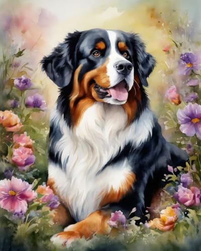 Malen nach Zahlen für Erwachsene,Anfänger auf Leinwand,Berner Sennenhund auf Blumenrasen,handgefertigtes Ölgemälde-Set für die Wanddekoration zu Hause 40x50 cm von ZMHZMY