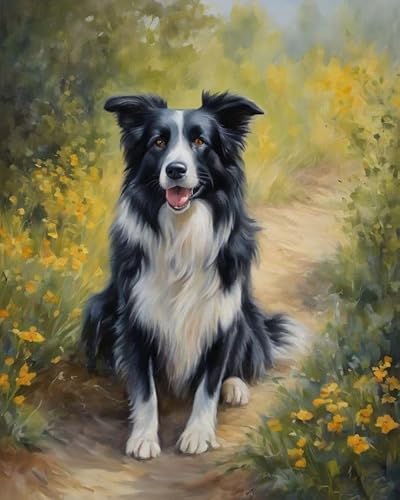 Malen sie nach Nummer kit Border Collie im Gras Malen nach Zahlen DIY Ölgemälde Leinwand drucken Wandkunst Home Decoration, Acrylpigment für Gemälde,40x50cm von ZMHZMY