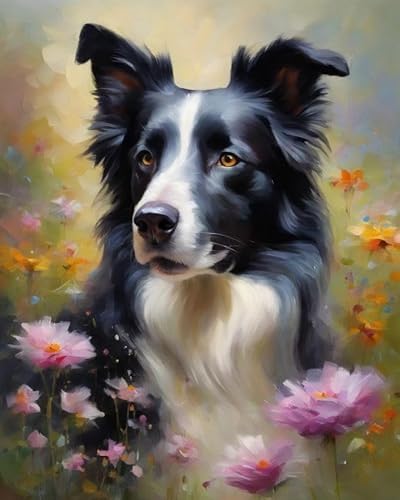 Malen sie nach Nummer kit Border Collie und Blumen Malen nach Zahlen DIY Ölgemälde Leinwand drucken Wandkunst Home Decoration, Acrylpigment für Gemälde,40x50cm von ZMHZMY