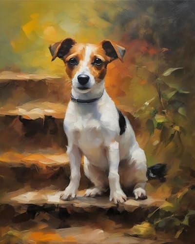 Digitale Malerei auf Leinwand Jack-Russell-Terrier-Hund auf Steinstufen DIY Handgemalt Ölgemälde Kits auf Leinwand Geschenk für Weihnachten Geburtstag Home Haus Deko,40x50cm von ZMHZMY