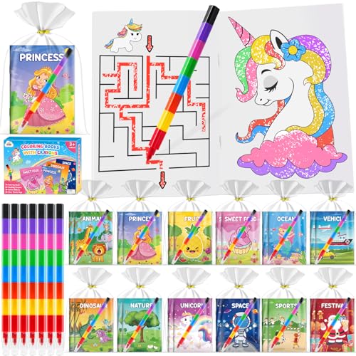 ZMLM 24 Stück Mini Malbuch Kinder Mitgebsel, Mini Malbücher Ausmalbücher Party Mitgebsel mit 24 Buntstifte für Kinder DIY Kunst mit Tiere Obst Ozean Einhorn Dinosaurier Prinzessin Lustig Mustern von ZMLM