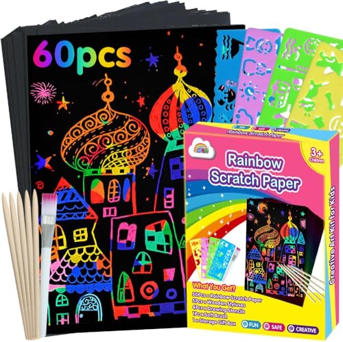 ZMLM 50 Stück Kratzbilder für Kinder und Erwachsene, Zauberhafte Kratzmotive Kratzpapier Set mit Magic Scratch Book, Holzstifte, Malschablonen zum Zeichnen und Basteln für Jungen Mädchen DIY von ZMLM