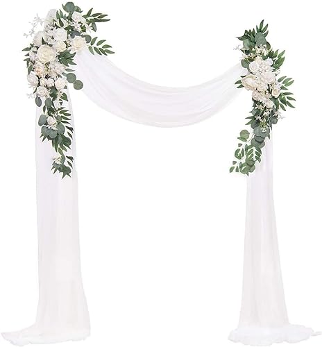 Hochzeitsbogen-Drapierung, Chiffon-Stoff-Drapierung, 2-teiliges Blumenarrangement mit 1-teiliger Hochzeitsbogen-Drapierung for die Zeremonie und die Empfangs-Hintergrunddekoration (Rosé)(Bianco) von ZMQU