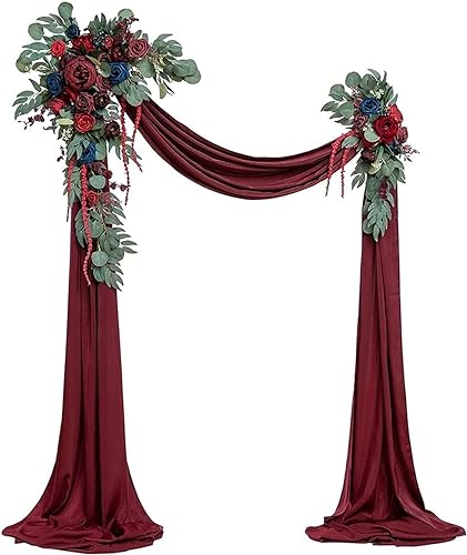 Hochzeitsbogen-Drapierung, Chiffon-Stoff-Drapierung, 2-teiliges Blumenarrangement mit 1-teiliger Hochzeitsbogen-Drapierung for die Zeremonie und die Empfangs-Hintergrunddekoration (Rosé)(Deep Red) von ZMQU