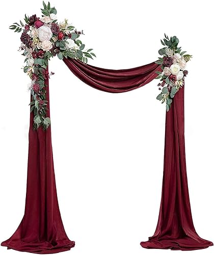 Hochzeitsbogen-Drapierung, Chiffon-Stoff-Drapierung, 2-teiliges Blumenarrangement mit 1-teiliger Hochzeitsbogen-Drapierung for die Zeremonie und die Empfangs-Hintergrunddekoration (Rosé)(Rood) von ZMQU