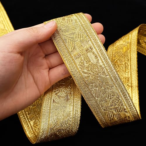 ZNZAKKA Goldfarbenes Jacquardband, 2,7 m, bestickt, Jacquard-Besatz, Glitzer, Metallic-Band zum Nähen, Bekleidungszubehör, Dekoration, Geschenkverpackung (Kreuz) von ZNZAKKA