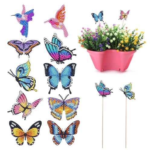 ZOCONE 10 PCS Schmetterling Diamond Painting Kits, Diamant Painting Schmetterling Ornaments Zubehör, Schmetterling DIY Diamond Painting Art für Garten Dekor Zubehör (8 Schmetterling und 2 Vögel) von ZOCONE