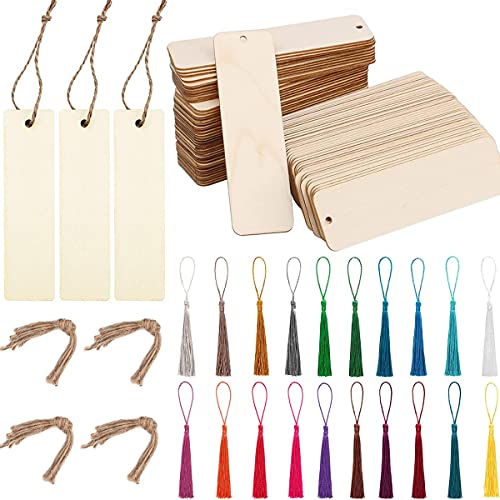 ZOCONE 108 Stück DIY Lesezeichen blanko aus Holz Set, Quaste Nettes Lesezeichen, enthält 36 Leere Holzlesezeichen mit Löchern, 36 Bunte Quasten, 36 Stränge Feines Garn, für DIY, Dekoration, Geschenk von ZOCONE