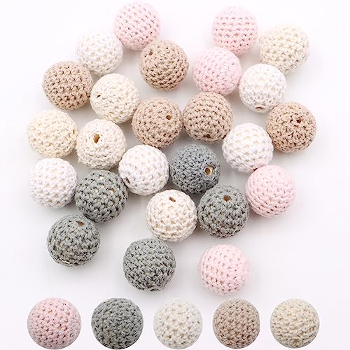 ZOCONE 30pcs Gehäkelt Holzperlen, Häkelperlen 16 mm Bunte Garn Holzkugeln Mit Fädellöchern Handgefertigte Holzkugeln Für DIY Halskette Armband Häkelperlen (dunkelgrau) von ZOCONE