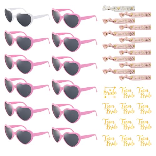 ZOCONE Herz Sonnenbrille JGA 36 Stück JGA Accessoires Frauen Rosa Partybrillen Set Hochzeit Sonnenbrille Herzen mit Team Bride Armbänder und Tattoo Aufkleber JGA Brillen für Hochzeit JGA Wedding von ZOCONE