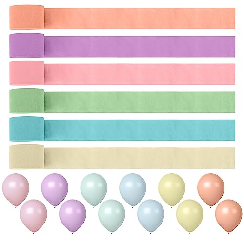 ZOCONE Krepppapier 6 Rollen 150 m, Kreppbänder Regenbogen, 12 Makronen-Ballons,Creppapier Luftschlangen Deko Für Partydeko, Geburtstagsdeko, Hochzeiten(4.5 cm X 25 m) von ZOCONE