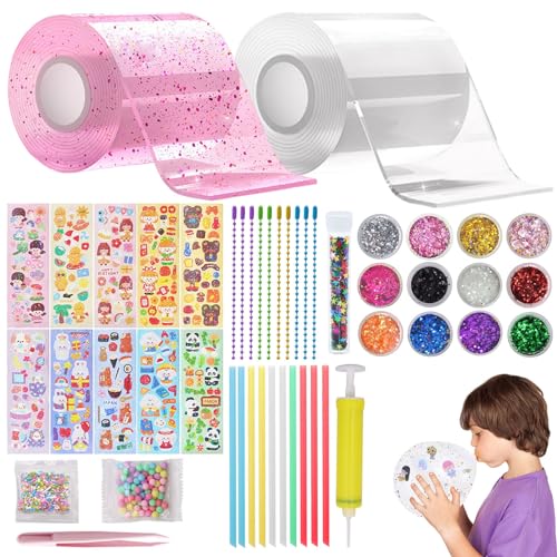 ZOCONE Nano Tape Bubbles, 49 Stück Nano Tape Bubbles Set 3m Transparent Nano Tape Elastisches mit Glitzer Pumpe Nano-Tape Blowing Bubbles Doppelseitiges Nano Klebeband Bubble DIY für Kinder von ZOCONE