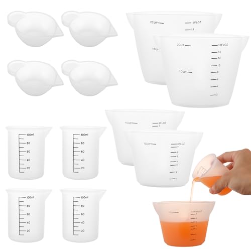 ZOFUN 12 Stück Silikon Messbecher Krüge, Silikonbecher Epoxidharz Zubehör Mischbecher 500ml/250ml/100ml/10ml, Wiederverwendbare Silikon Messbecher Set mit Skala Clear für DIY, Basteln, Labor, Küche von ZOFUN