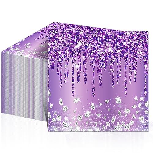 Servietten mit violetten und silberfarbenen Motiven für Happy Birthday Party Dekorationen, lila Glitzer-Diamant-Servietten für Mädchen und Frauen, Einweg-Servietten mit violettem Motto-Party, Kuchen, von ZOIIWA