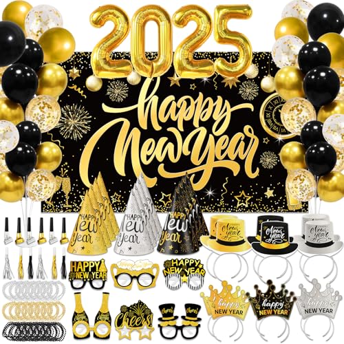 147 Stück Silvester-Partyzubehör für 24 Gäste 2025 Happy New Year Foto-Hintergrund Party-Dekoration inklusive Kegelhüte Brille Ballon Stirnband Tiaras Quaste Squawker Perlenkette Partygeschenke von ZOIIWA