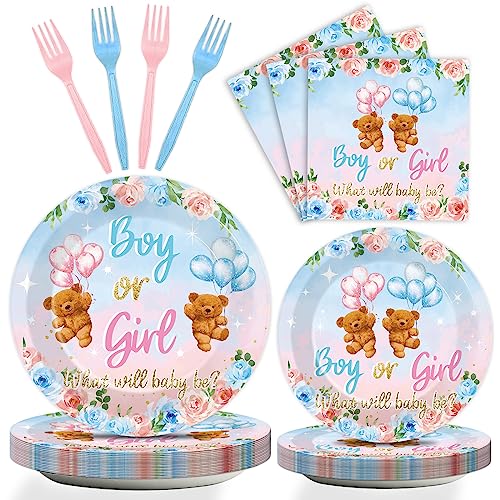 96-teiliges Geschirr-Set mit Bärenmotiv für Gender Reveal Party Tischdekorationen Supplies Junge oder Mädchen Dessertteller Servietten Gabeln für 24 Gäste Rosa Blau Bär Babyparty Einweg-Partygeschenke von ZOIIWA