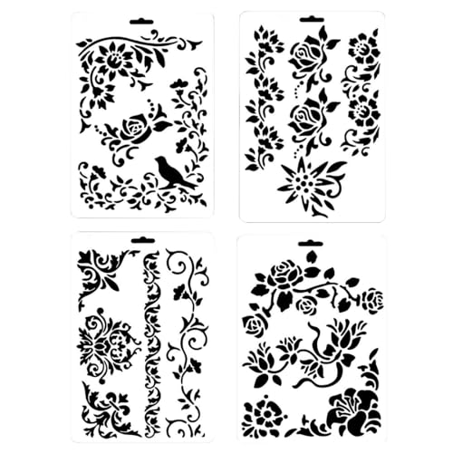 ZOKJSW Schablone DIY Malerei Pflanzen Blumen Grafiken Plastikzeichnung 4pcs Vorlagen Malschablone Schablone Bordüre Textilgestaltung für Scrapbooking Tagebuch Dekoration, Weiß von ZOKJSW