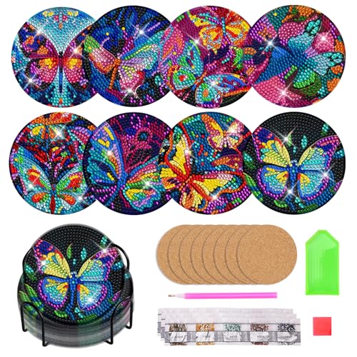 ZOLGINAH Diamond Painting Untersetzer mit Halter 8 Stück, 5D DIY Mandala Diamond Painting Erwachsene Kinder Basteln Erwachsene, Diamant Painting Tassenuntersetzer Schmetterling von ZOLGINAH