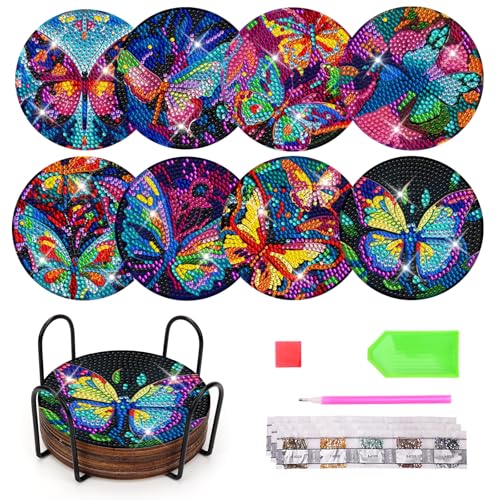 ZOLGINAH Diamond Painting Untersetzer mit Halter 8 Stück, 5D DIY Mandala Diamond Painting Erwachsene Kinder Basteln Erwachsene, Diamant Painting Tassenuntersetzer Schmetterling von ZOLGINAH