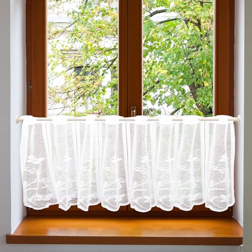 ZOLGINAH Scheibengardinen Küche Modern mit Ösen 2 Stück Bistrogardine Fenstergardinen Weiss Halbtransparente Vorhänge Küchenvorhang Kurzgardine Flächenvorhang Kurz für Küchen Landhaus 108x45CM(BxH) von ZOLGINAH