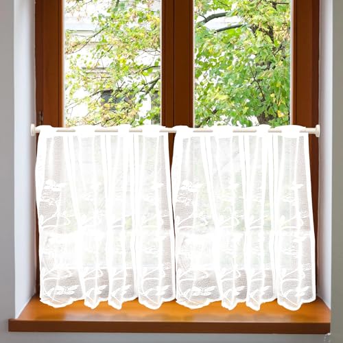 ZOLGINAH Scheibengardinen Küche Modern mit Ösen 2 Stück Bistrogardine Fenstergardinen Weiss Halbtransparente Vorhänge Küchenvorhang Kurzgardine Flächenvorhang Kurz für Küchen Landhaus 60x90CM(BxH) von ZOLGINAH