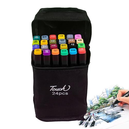 ZONEWD 24 Farben Alkohol Marker, Zwei Spitzen Graffiti stifte mit Tragetasche, schnell trocknende Alkoholmarker Set für Sketching, Acrylfarbenstifte für Kinder, Erwachsene, Künstler von ZONEWD