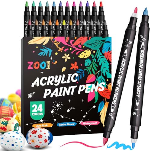 ZOOI 24 Farben Acrylstifte für Steine Wasserfest, Geschenke für Mädchen, Einschulung Mädchen, Dual Tip Acrylic Paint Marker Stifte, Acrylstifte für Holz, Leinwand, Weihnachtsgeschenke für Kinder von ZOOI