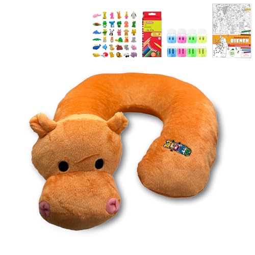 ZOOIES® Kinder Nackenkissen Set | Hippo Flippo Reise-Nackenkissen in Tierform | Nackenhörnchen für Auto & Flugzeug | Hypoallergen Kissen | Mandalaheft, Buntstifte & Radiergummi | Perfekt für unterwegs von ZOOIES