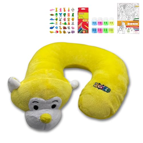 ZOOIES® Kinder Nackenkissen Set | Momo Reise-Nackenkissen in Tierform | Nackenhörnchen für Auto & Flugzeug | Hypoallergen Kissen | Mandalaheft, Buntstifte & Radiergummi | Perfekt für unterwegs von ZOOIES