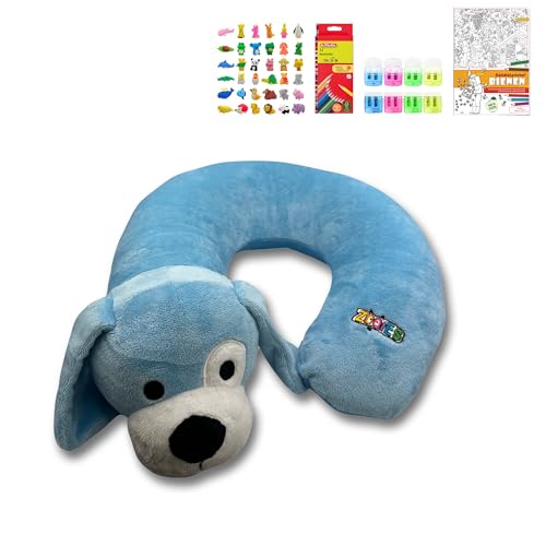 ZOOIES® Kinder Nackenkissen Set | Wuffi Reise-Nackenkissen in Tierform | Nackenhörnchen für Auto & Flugzeug | Hypoallergen Kissen | Mandalaheft, Buntstifte & Radiergummi | Perfekt für unterwegs von ZOOIES