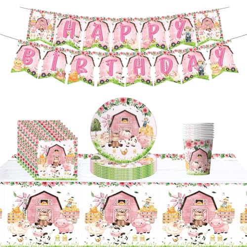 ZOOMPIL Bauernhof Tiere Partygeschirr Set, 42pcs Rosa Bauernhof Party Geschirr, für Scheune Bauernhof Tier Thema Babyparty Geburtstag Party Supplies, Serviert 10 Gäste von ZOOMPIL