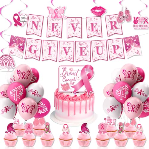 ZOOMPIL Breast Cancer Bewusstsein Ballons, Rosa Band-Ballons, Brustkrebs-Bewusstsein Cupcake Toppers, 38 Stück Brustkrebs-Bewusstseins-Set, Brustkrebs-Dekorationen für Zuhause, Büro, Party von ZOOMPIL