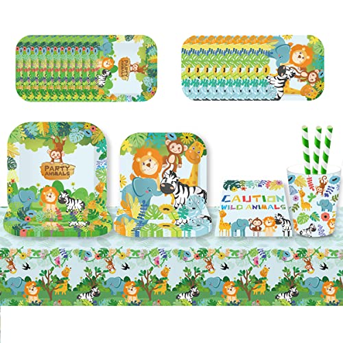 ZOOMPIL Dschungel Safari Partygeschirr Set, Geburstag Partygeschirr, 70 Stück Papier Teller Tassen Servietten Strohhalme Tischdecke für Wild One Geburtstag Deko Babyparty Deko Junge für 8 Gäste von ZOOMPIL