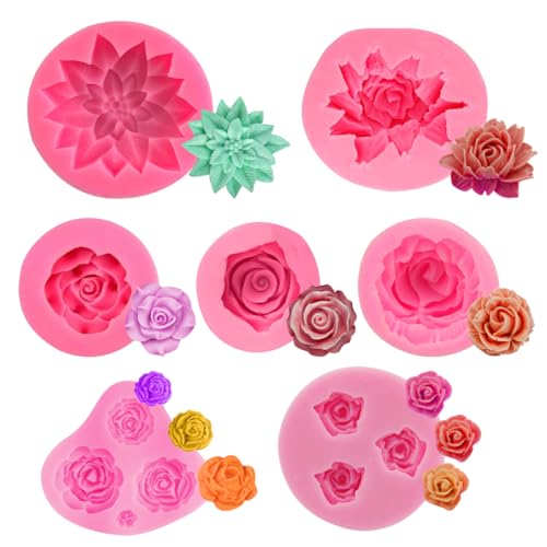 ZOOMPIL Rosen Blumen Fondant Silikon Formen, 7 Stück 3D Blumen Fondant Formen, Rosen Blumen Form Silikon für Süßigkeiten, Schokolade, Fondant, Kuchendekoration von ZOOMPIL