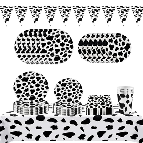 ZOOMPIL Kuh Druck Partygeschirr Set, Bauernhof Party Geschirr Set, 82pcs Kuh Druck Party Supplies, Kuh Teller Tassen Servietten Tischdecke, Serviert 20 Gäste von ZOOMPIL