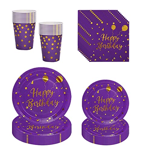 ZOOMPIL Partygeschirr Set Lila Gold, Lilagold Partygeschirr, Lila und Gold Party Geschirr Set, Papier Geschirr Set - Tischdecke Teller Becher Servietten für Hochzeit Geburtstag Babyparty 16 Gäste von ZOOMPIL