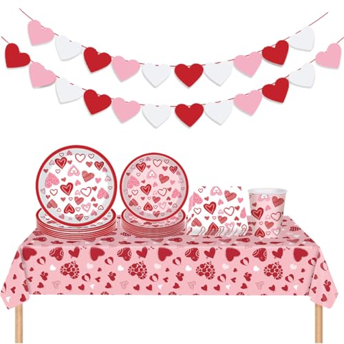 ZOOMPIL Valentine's Day Partygeschirr, Herz Aufdruck Party Pappteller, Liebes Themenparty Geschirr Set, 52pcs Valentinstag Party Supplies Valentinstag Motto Party Dekorationen, Serviert 10 Gäste von ZOOMPIL