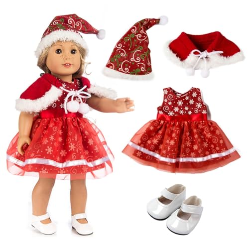 ZOOMPIL Weihnachts Kleidung für Mini Puppen, 4pcs Weihnachten Puppenbekleidung, Kleidung Accessoires für Puppen, Rock, Schal, Weihnachtsmütze, Schuhe, für 18 Zoll American Doll von ZOOMPIL