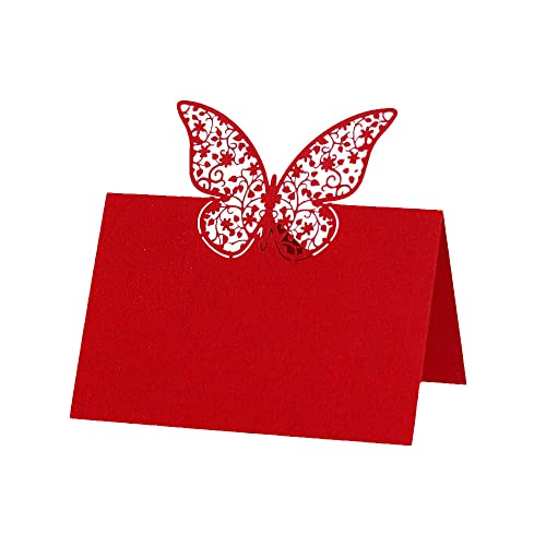 Tischkarten für Hochzeiten, Tischkarten, 100 Stück Tischkarten, ausgehöhlte Namenskarten, Schmetterlings-Grußkarten, Hochzeit, Party, Metting-Zubehör for Tischdekoration, Rot von ZOOPH