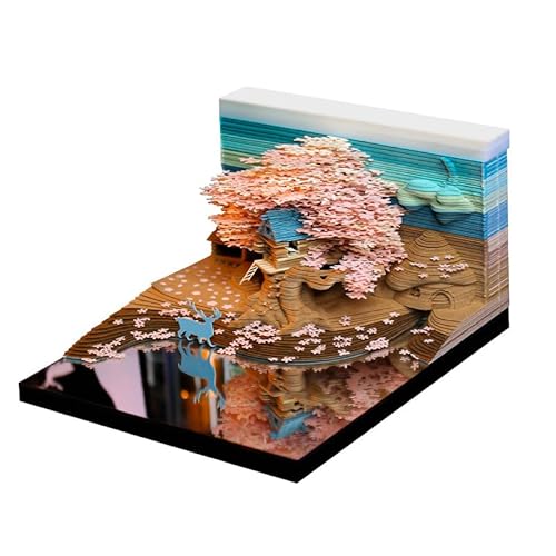 3D Kalender 2025 Memo Pad Time Piece Kalender Elch Sakura Baum Haus Papier Kunst Notizblock Schnitzen Geschenk Schreibtisch Dekor, Kunst Schreibtisch Kalender DIY Notizen mit LED Lichtern / Ständer, von ZOOS